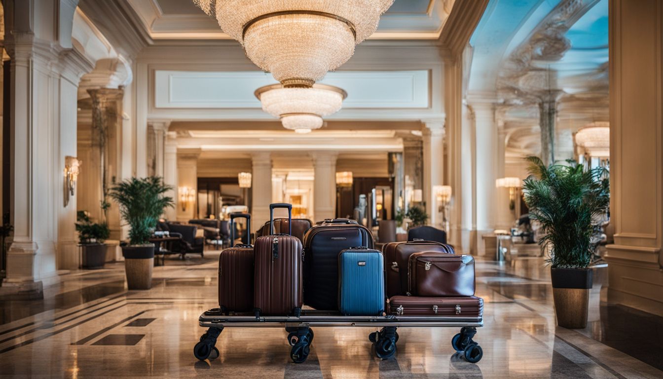 A luggage cart outside a luxurious hotel lobby with a bustling atmosphere and a variety of suitcases.