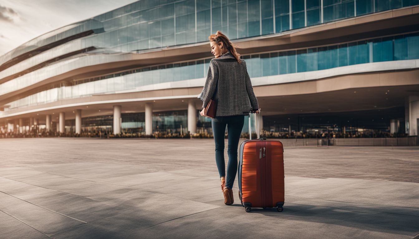 A traveler with luggage stands in front of an airport hotel in a bustling cityscape.
