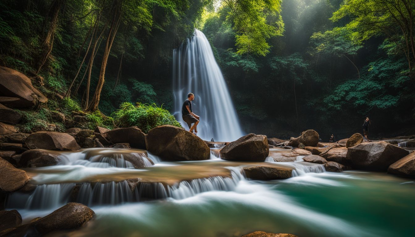 The photo depicts the Wat Hin Lat Waterfall surrounded by lush greenery and features a diverse group of people.
