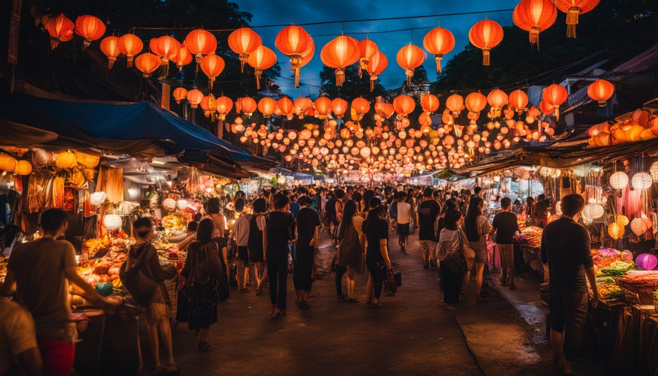 A vibrant night market in Thailand filled with bustling stalls, colorful lanterns, and a diverse crowd.