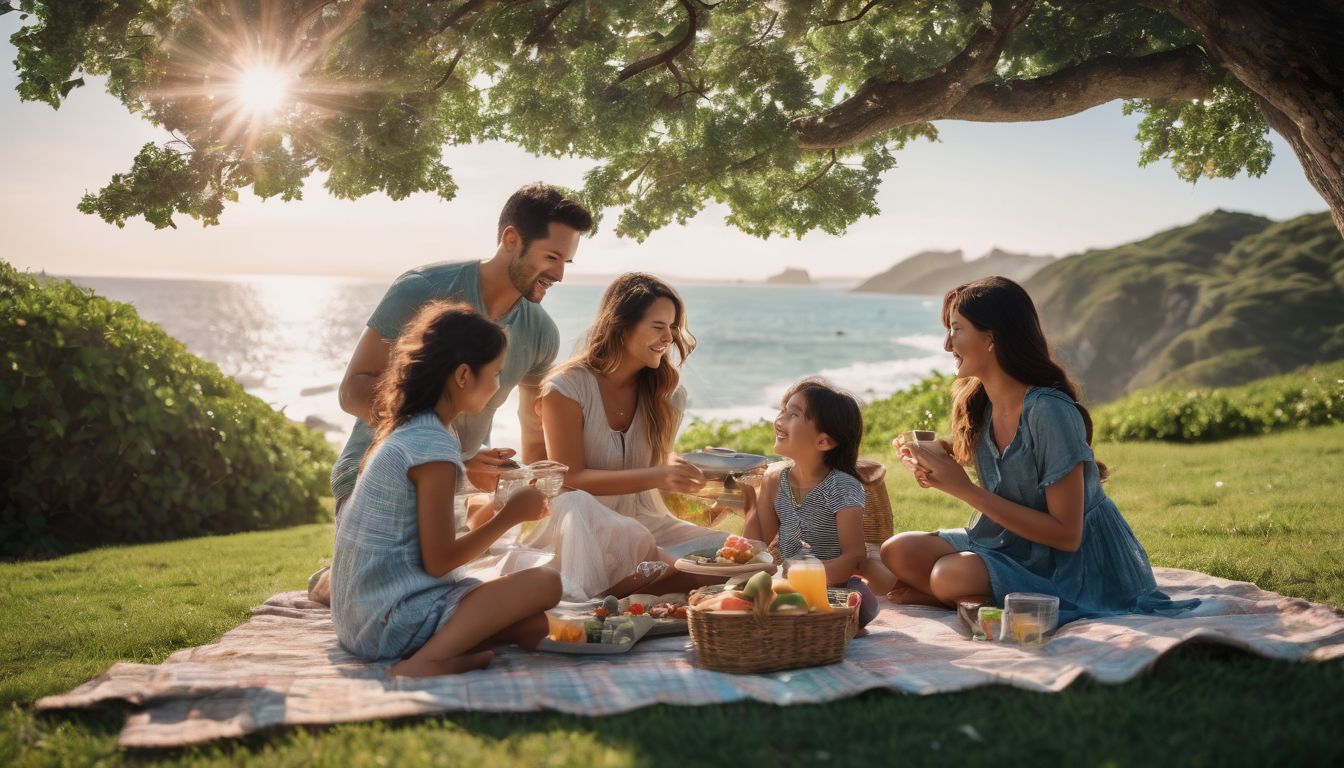 A family enjoying a picnic at Chang's Beach surrounded by amenities and facilities.