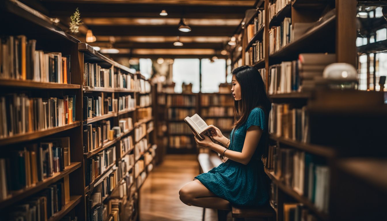 A young woman immersed in a library environment surrounded by books, reading Thai short stories.