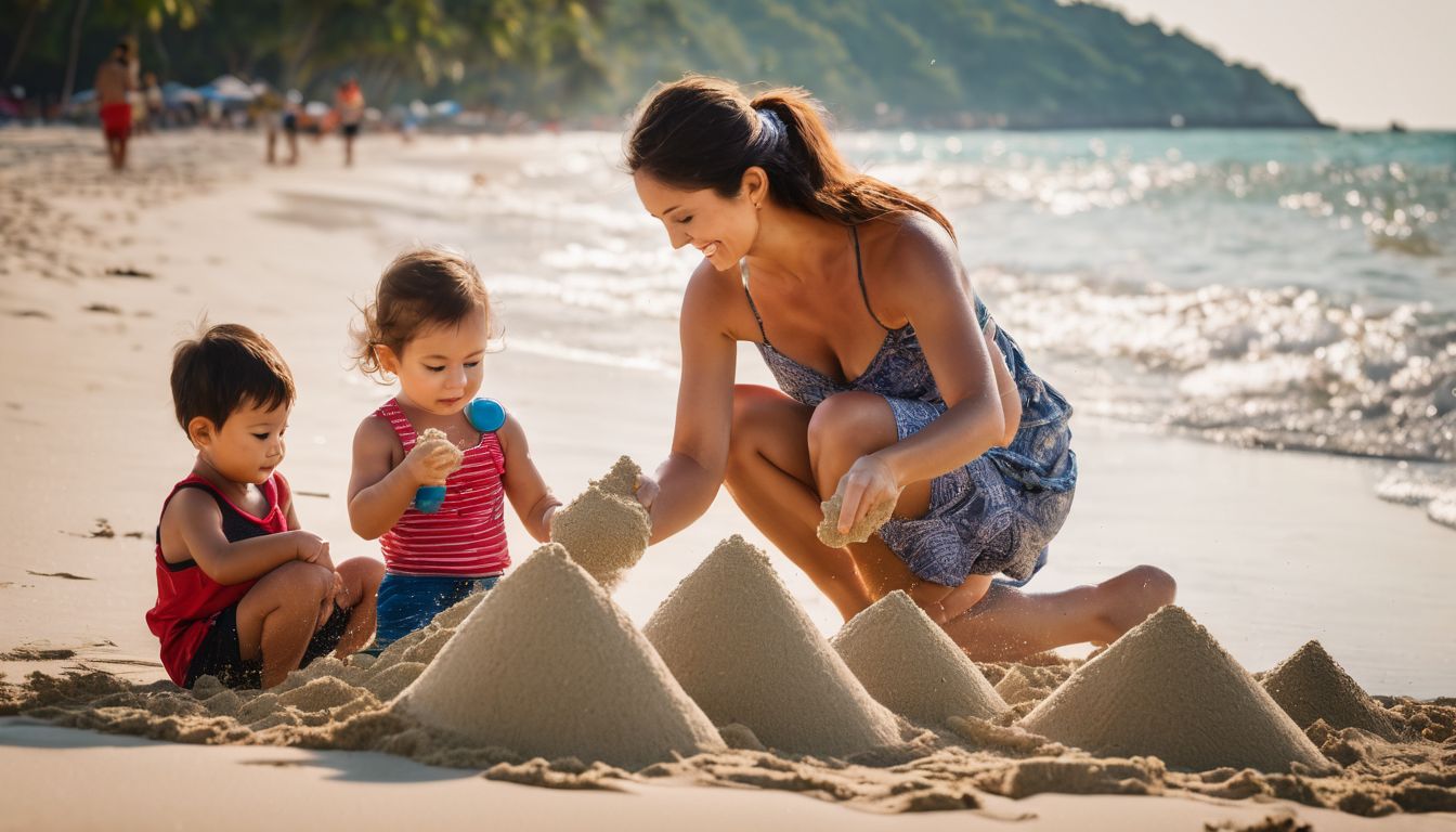 A family enjoys a day at the beach, building sandcastles and playing games.