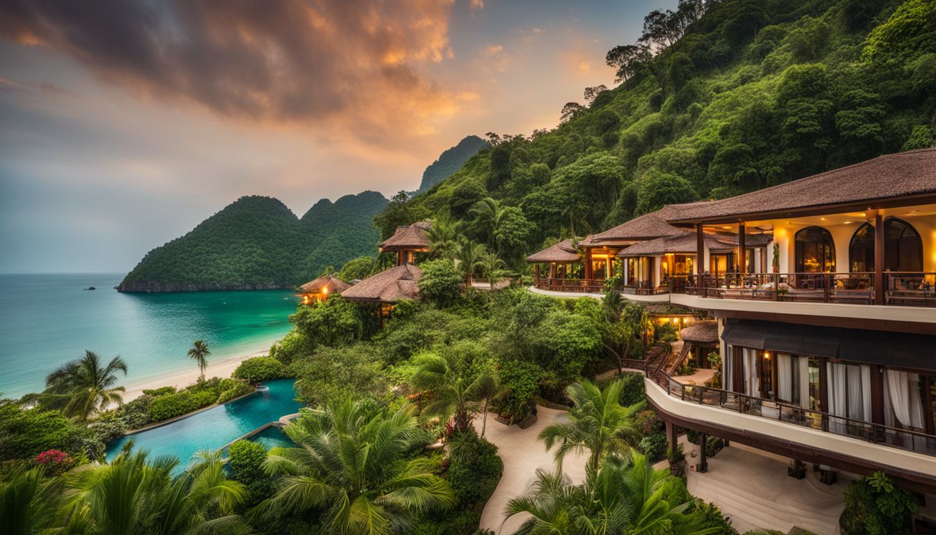 The photo depicts AowNoi Bay Resort & Spa nestled amidst lush greenery, featuring a variety of people, outfits, and hairstyles enjoying the bustling atmosphere and stunning seascape.