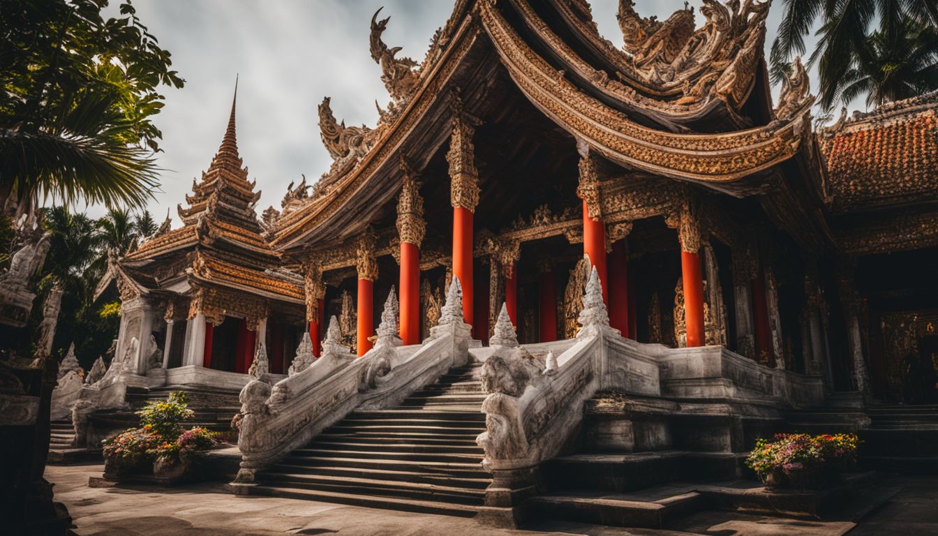The Hainan Temple in Koh Samui features intricate stone carvings and a bustling atmosphere.