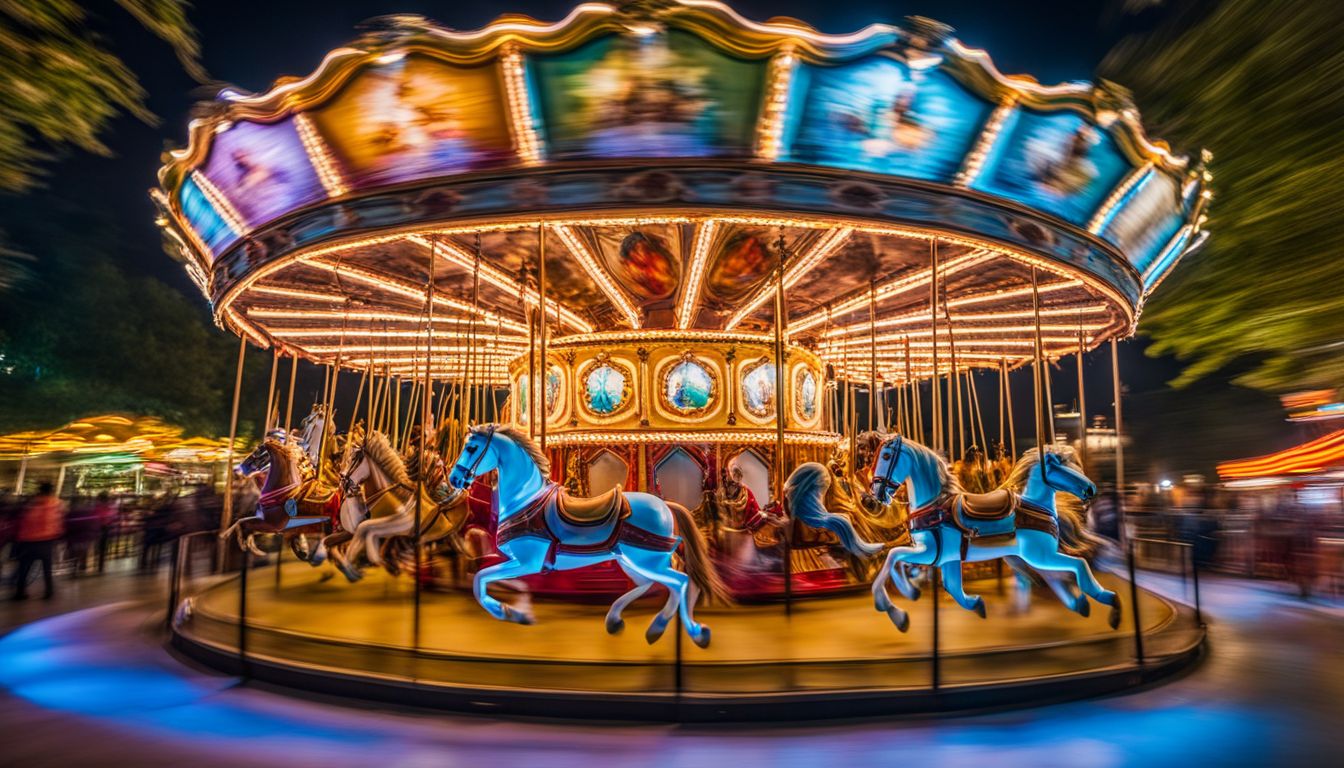 A colorful carousel in motion at a bustling amusement park with people of varied appearances.