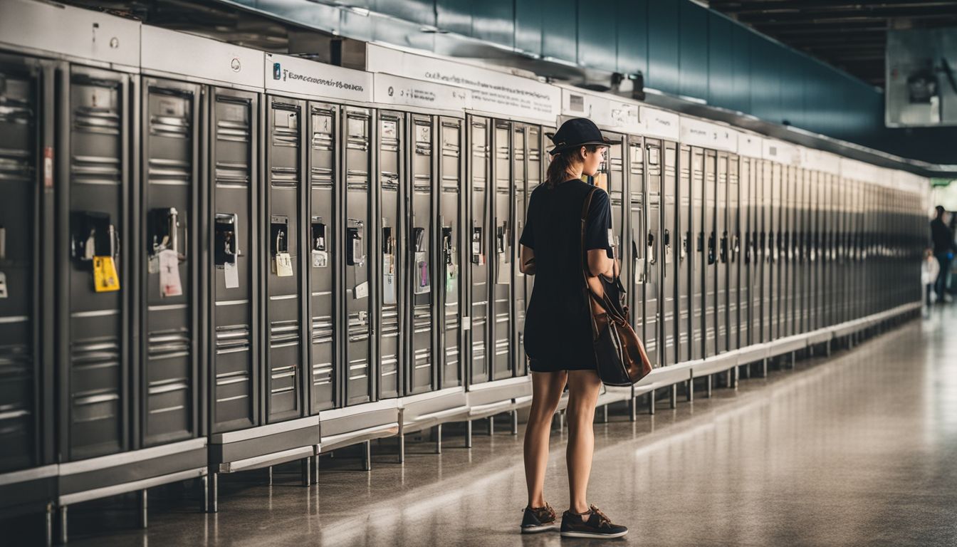 A traveler stands among a row of lockers in a bustling airport, showcasing different faces, hairstyles, and outfits.