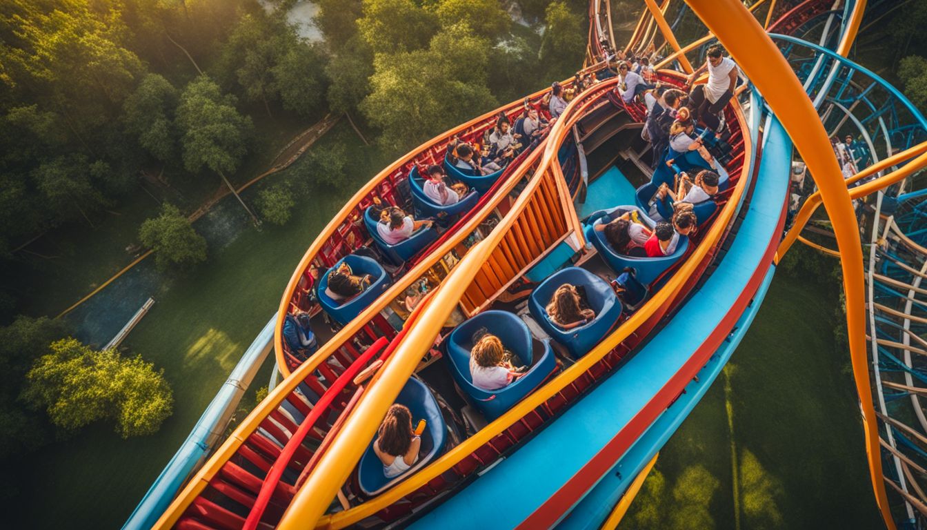 A photo of a roller coaster ride at Shopnopuri Artificial Amusement Park with diverse people enjoying themselves.