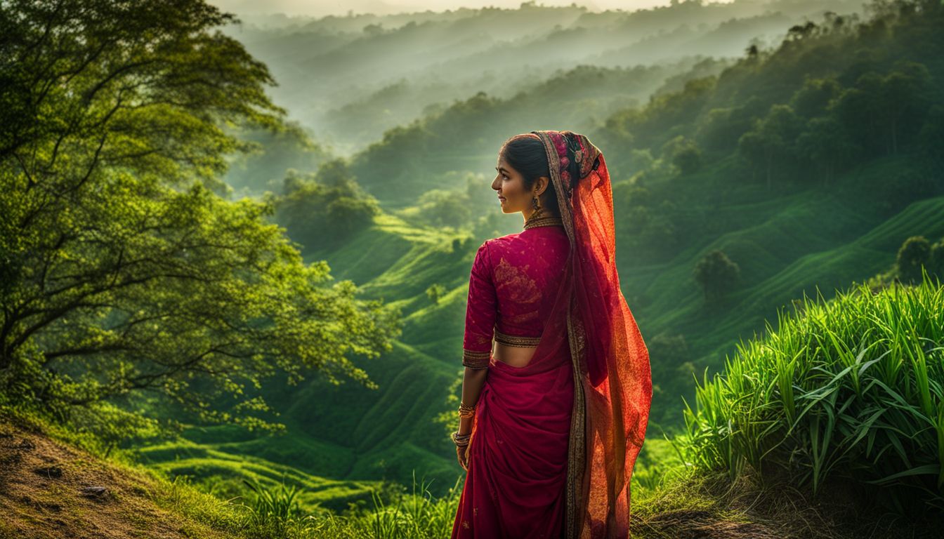 The photo showcases a Pahari woman in traditional attire surrounded by lush greenery in the Chittagong Hill Tracts.