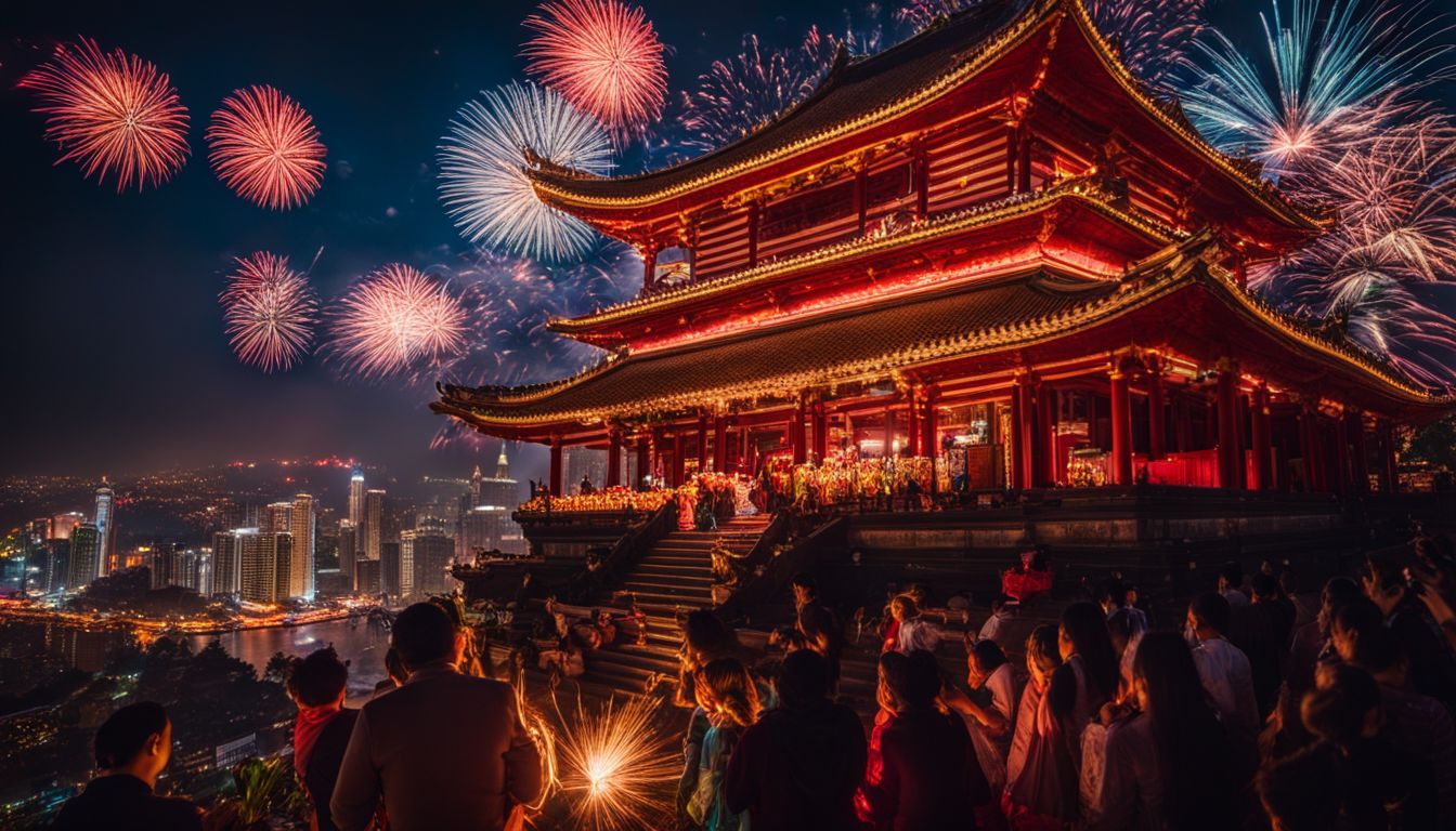 A photo of an illuminated temple with firecrackers bursting in the night sky, capturing the bustling atmosphere of a cityscape.