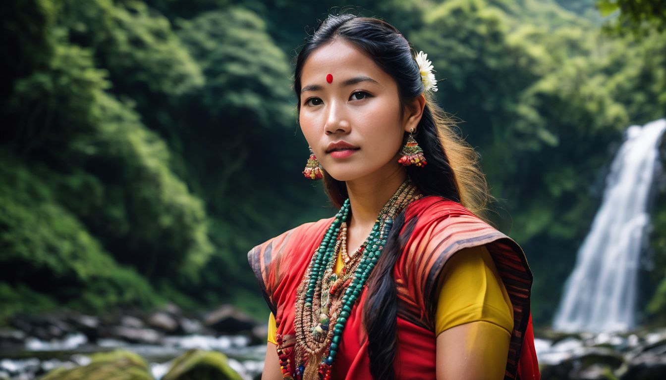A young woman from the Chakma tribe in traditional dress surrounded by lush green hills and waterfalls.