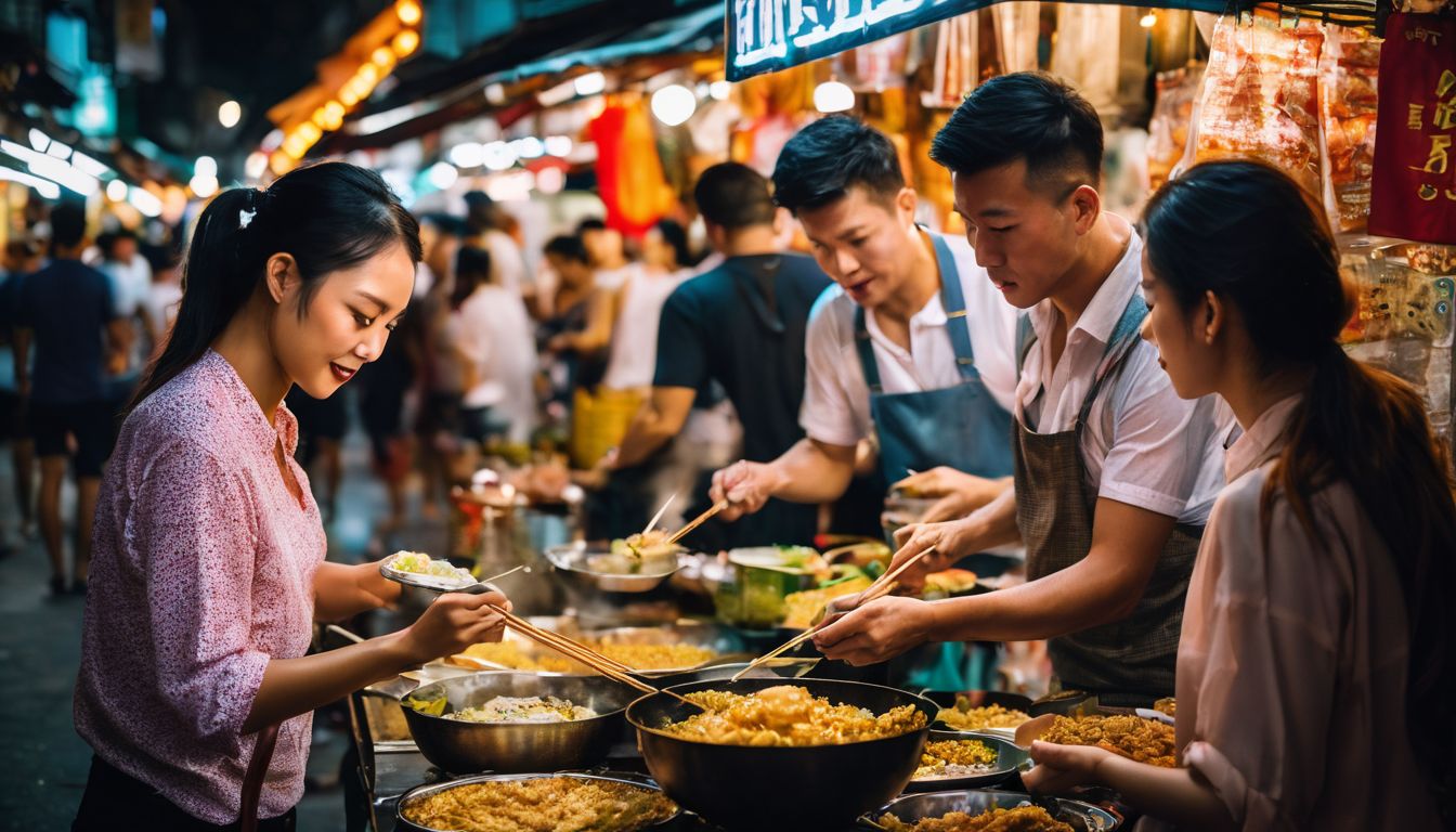 A vibrant photo capturing people tasting a variety of Thai street food in the bustling alleys of Bangkok's Chinatown.