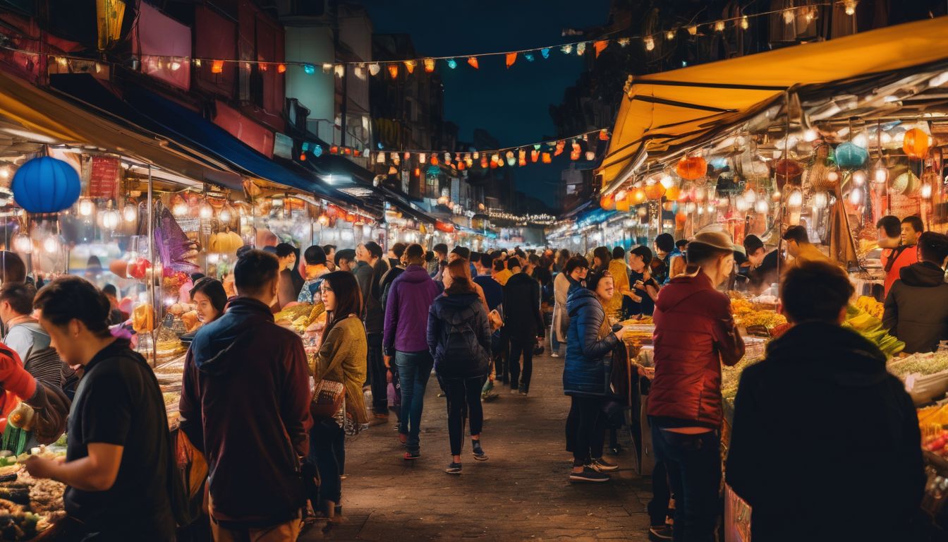 A vibrant night market filled with colorful stalls and people exploring in a bustling atmosphere.
