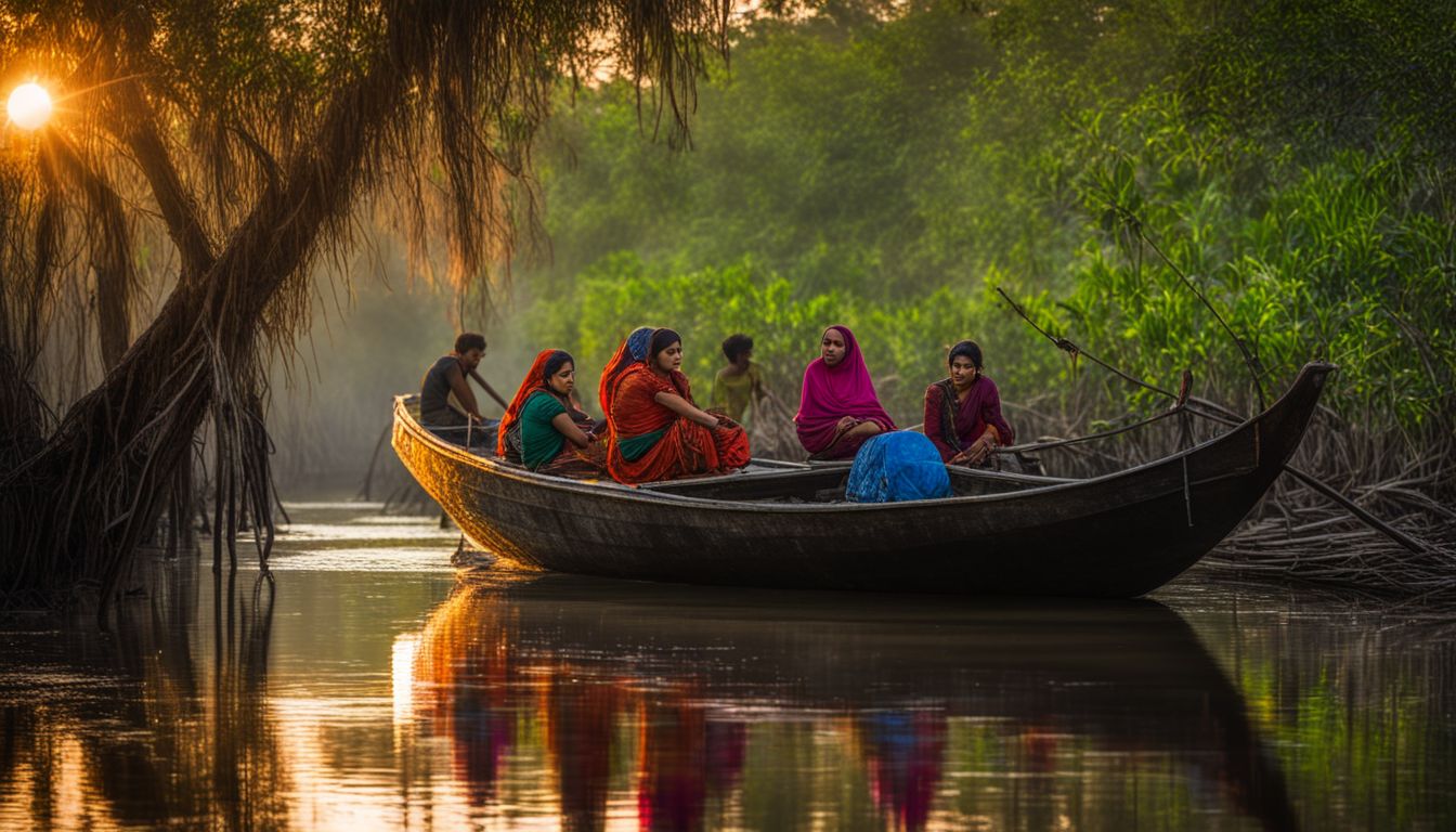 A captivating photograph of the stunning Sundarbans Mangrove Forest at sunrise, showcasing its diverse wildlife and bustling atmosphere.