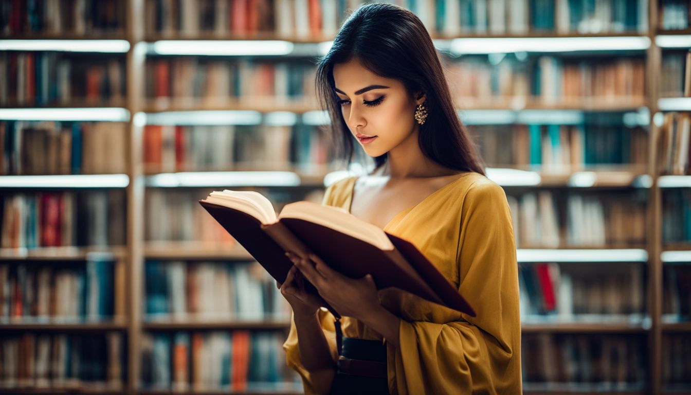 A young woman engrossed in a Bangladeshi novel in a library surrounded by shelves of books.