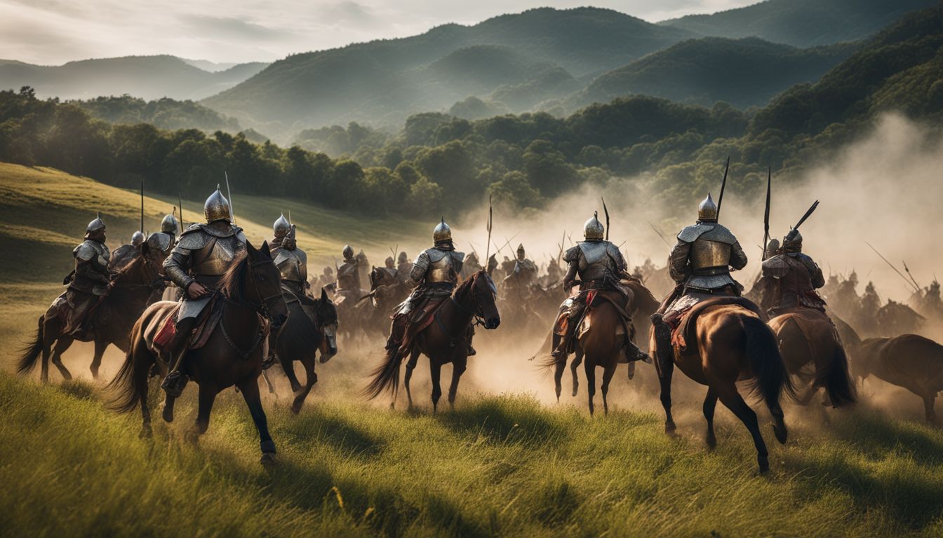 A photo of soldiers in traditional armor on a battlefield surrounded by lush landscape.