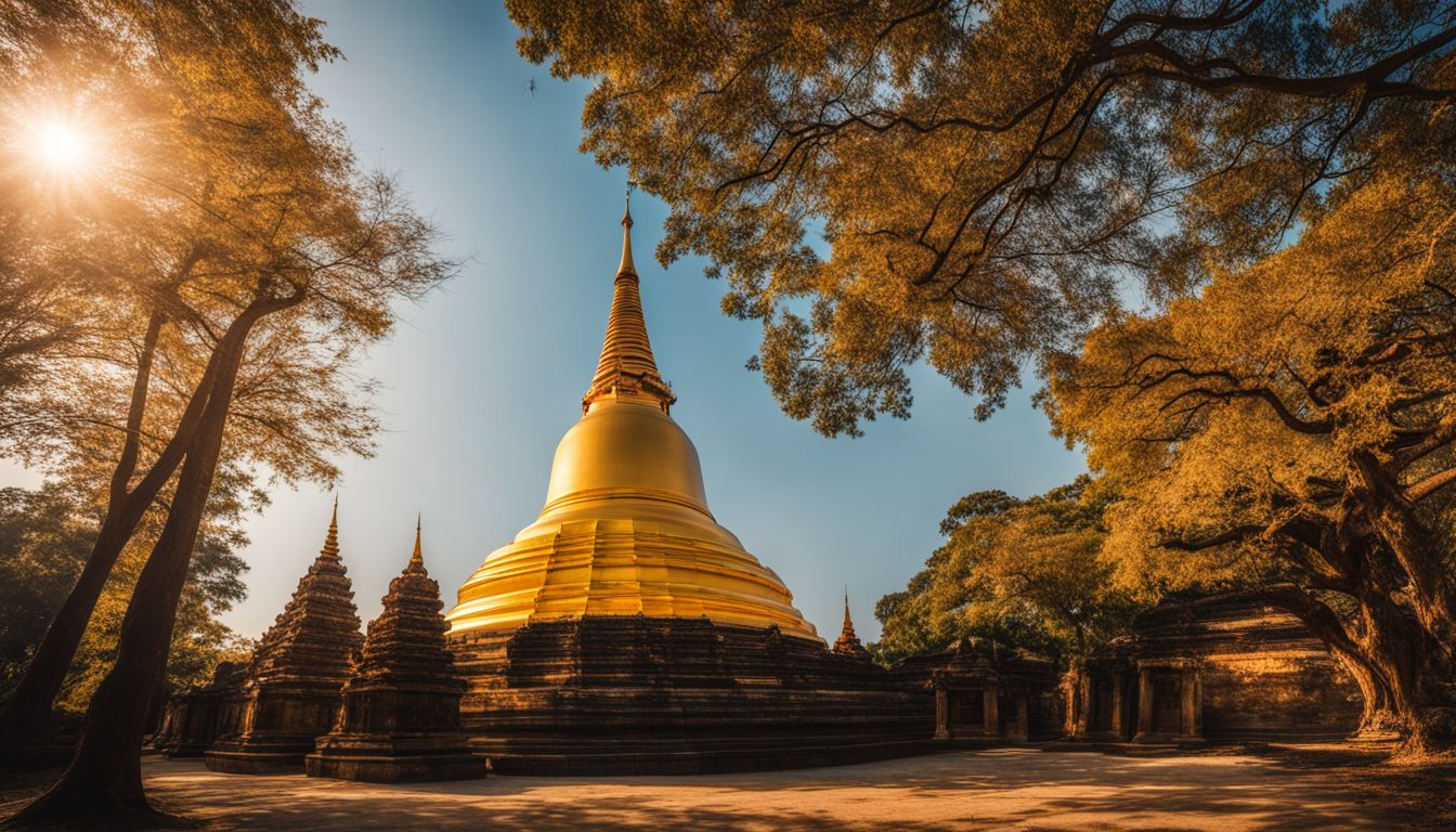 A photo of the stunning golden chedi of Wat Bowonniwet against a clear blue sky, featuring diverse individuals in different outfits.