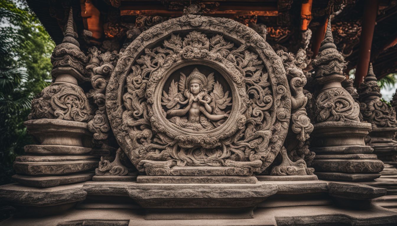 The photo showcases intricate stone carvings at Hainan Temple in Koh Samui, Thailand.