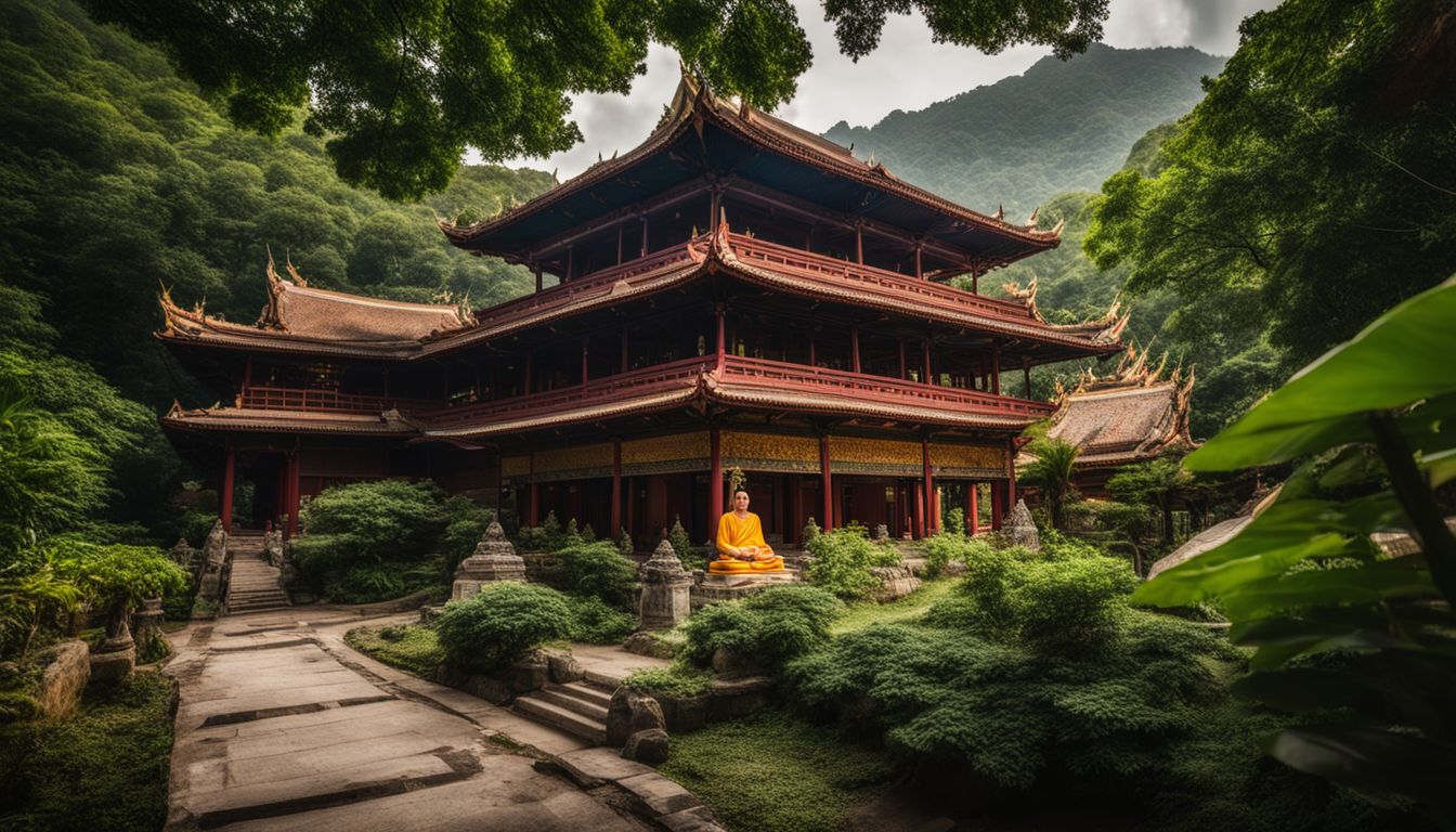 A photo of a Buddhist temple in Lan Na with diverse people and lush green surroundings.