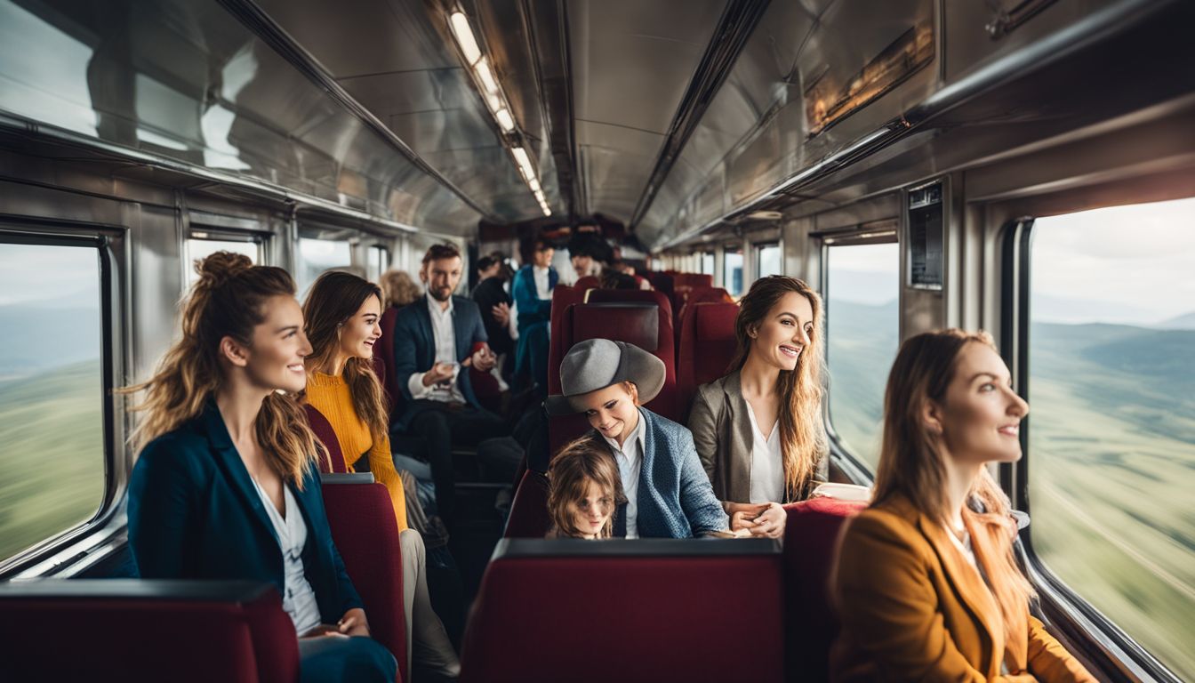 Passengers appreciate the scenic views from a train window, capturing diverse faces and bustling atmosphere.
