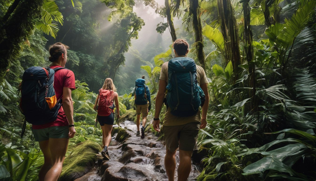 A diverse group of tourists hike through a lush jungle, surrounded by exotic wildlife.