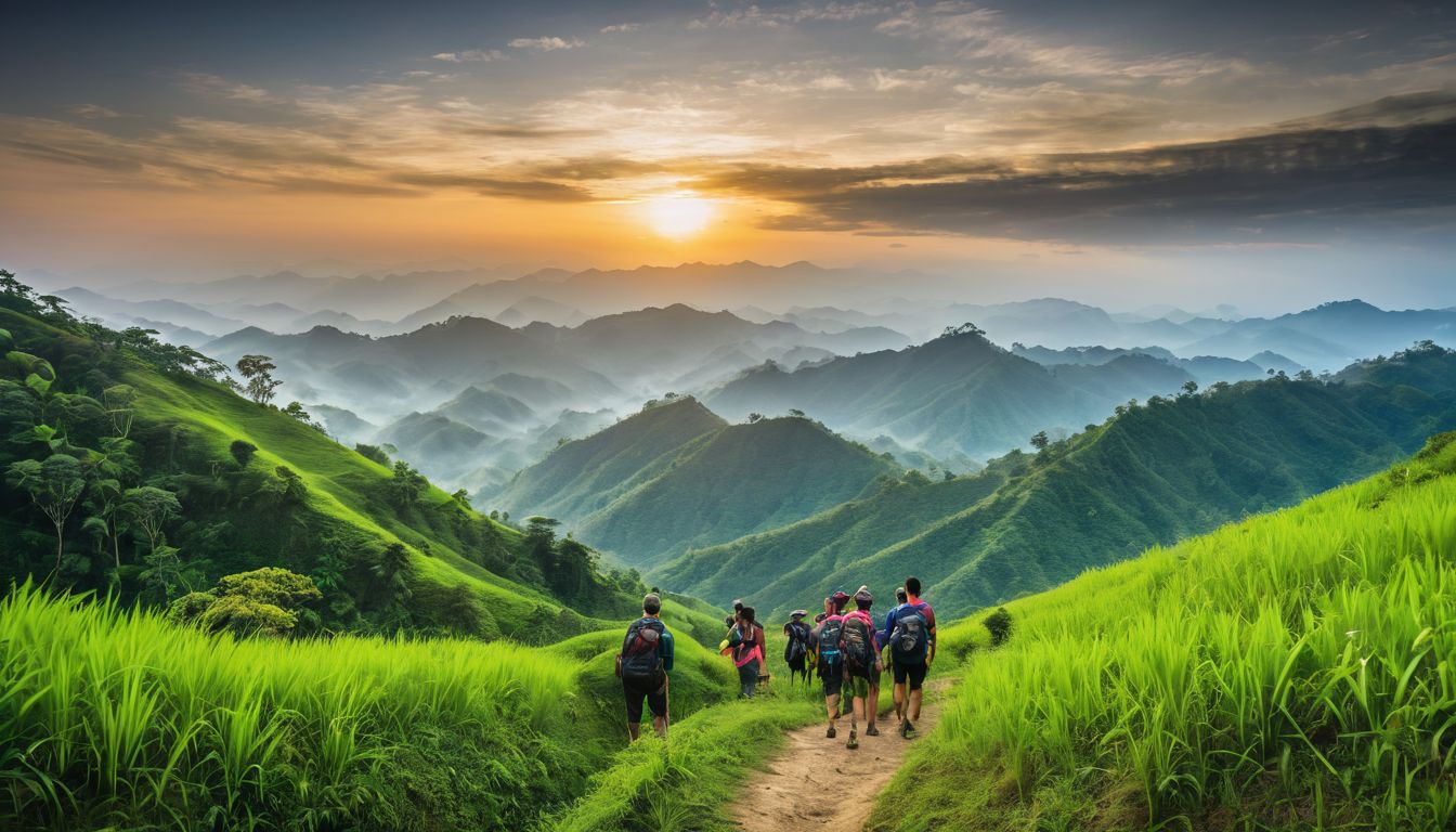 A diverse group of hikers explore the lush landscapes of Bandarban in a bustling atmosphere.