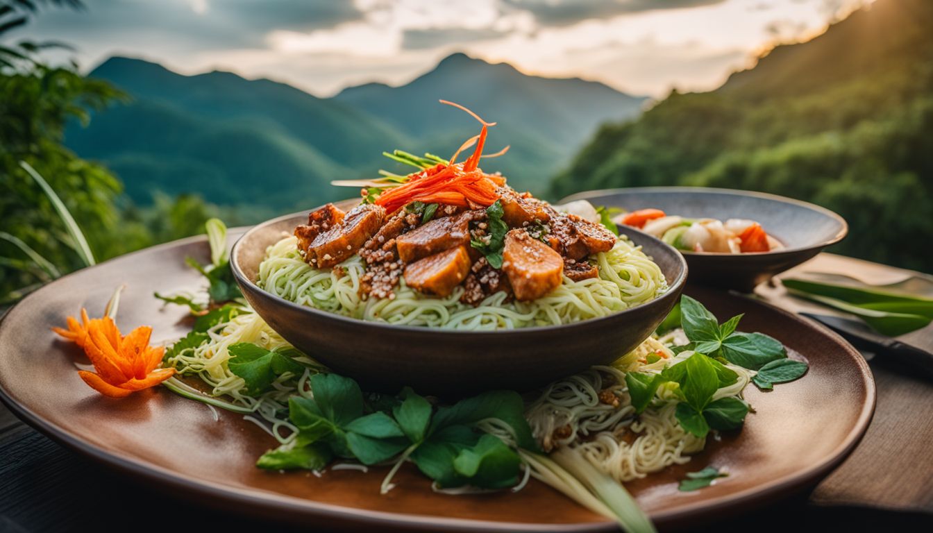 A photo of beautifully plated Asian cuisine surrounded by a lush green landscape, with diverse individuals enjoying the scenery.