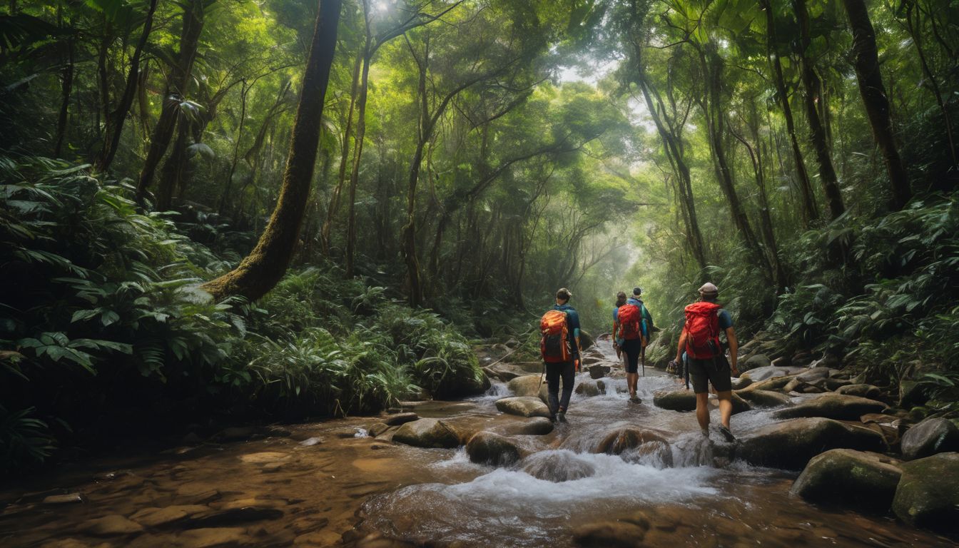 A diverse group of hikers explores the vibrant forest trails during Thailand's optimal hiking season.