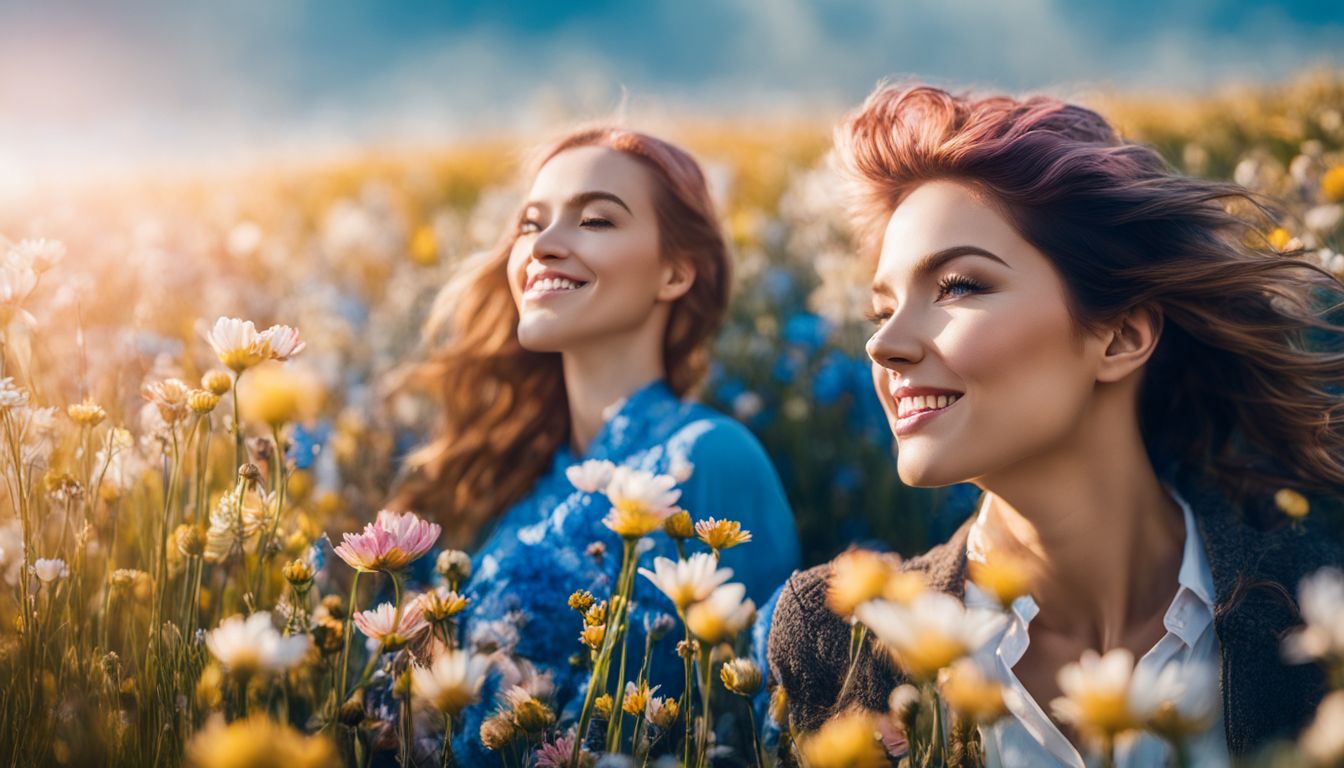 A vibrant field of blooming flowers with people of diverse appearances, outfits, and hairstyles.