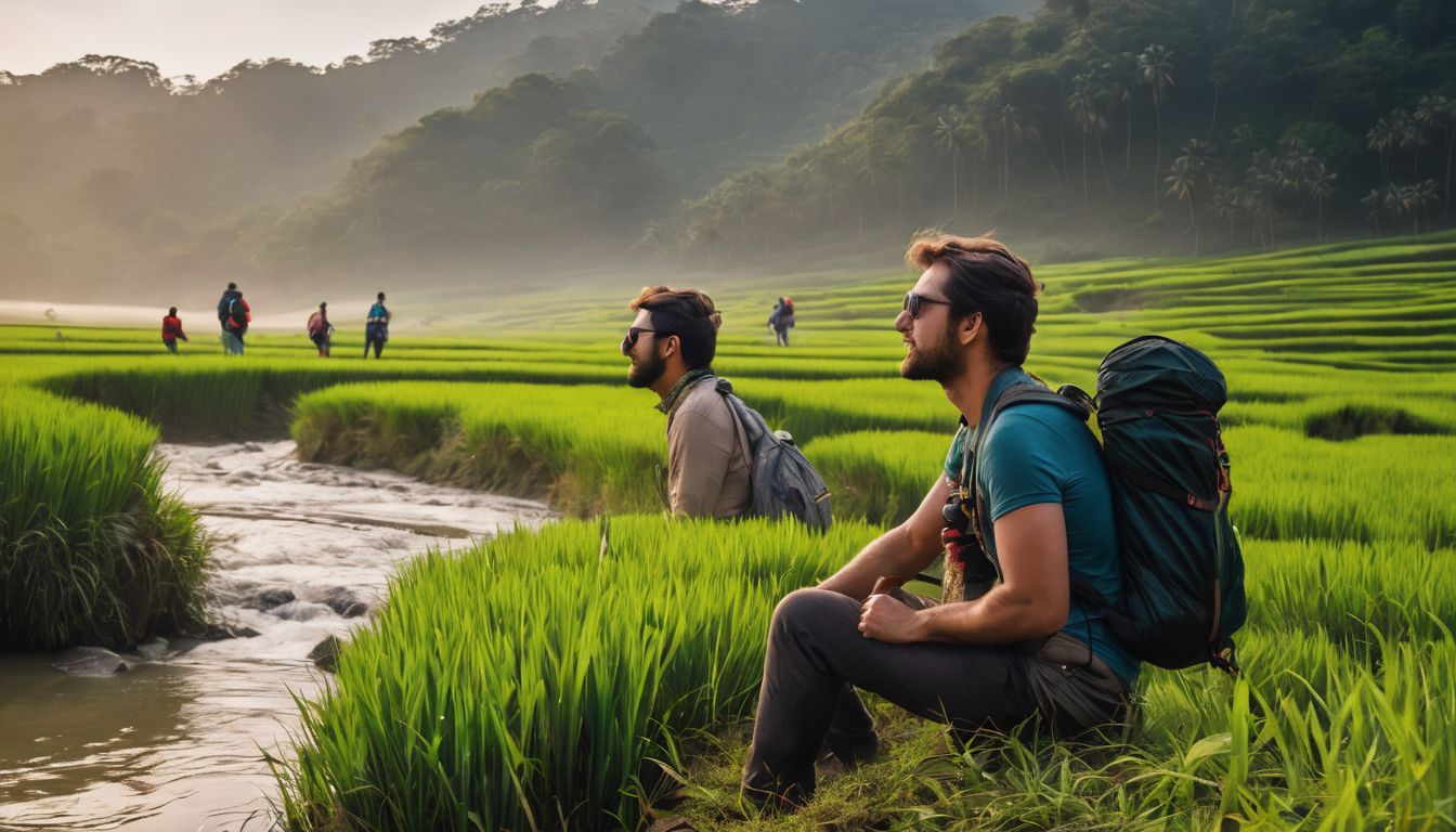 A diverse group of tourists exploring the stunning landscapes of Bangladesh during winter.