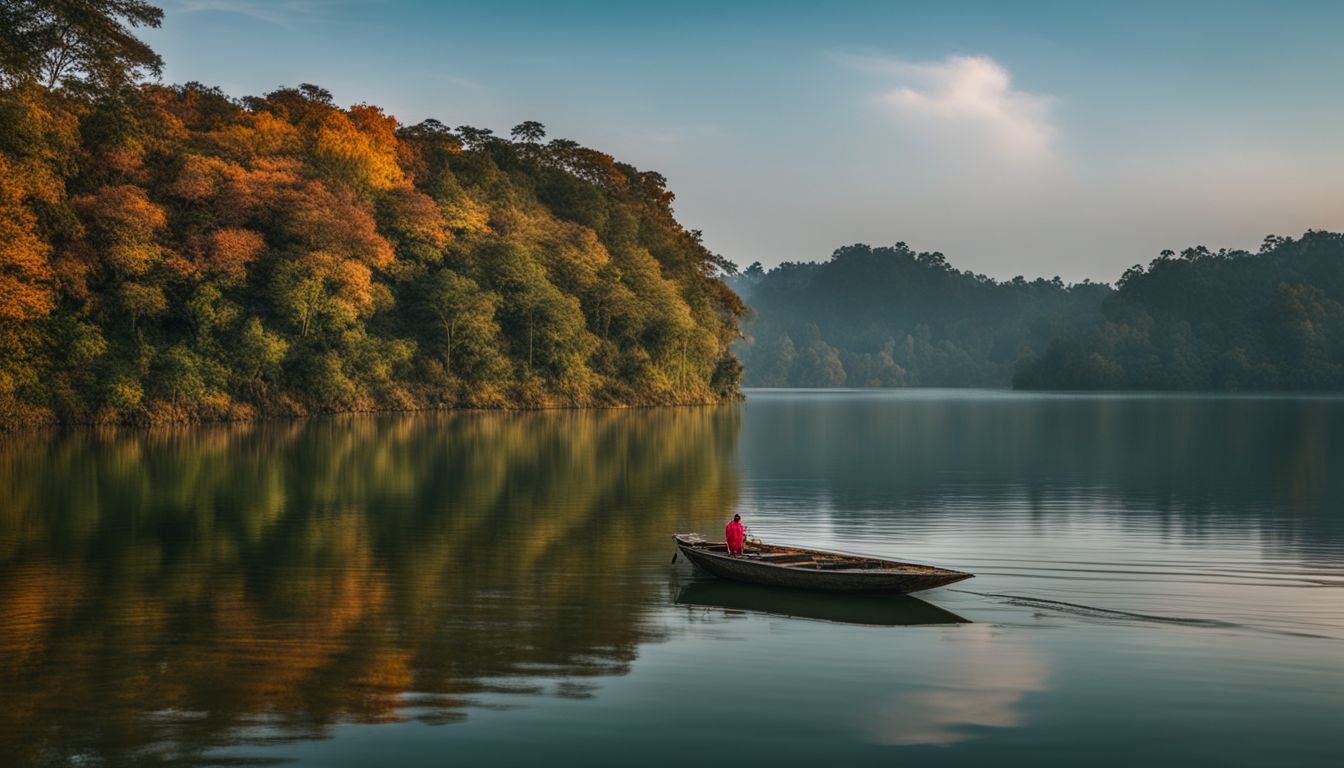 A picturesque autumn scene of a boat on a tranquil lake in Rangamati.