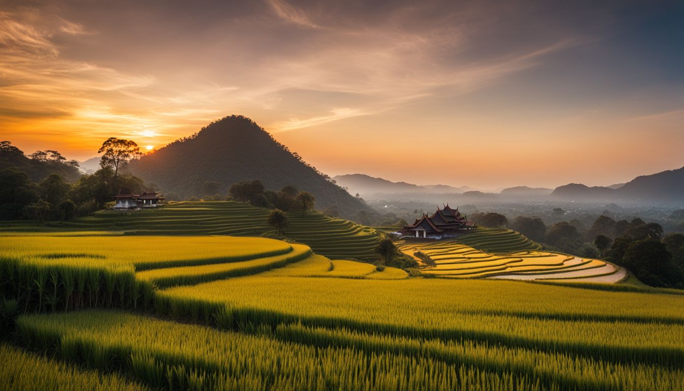 A picturesque sunrise view of Wat Phu Tok surrounded by golden rice fields, captured with a professional camera.