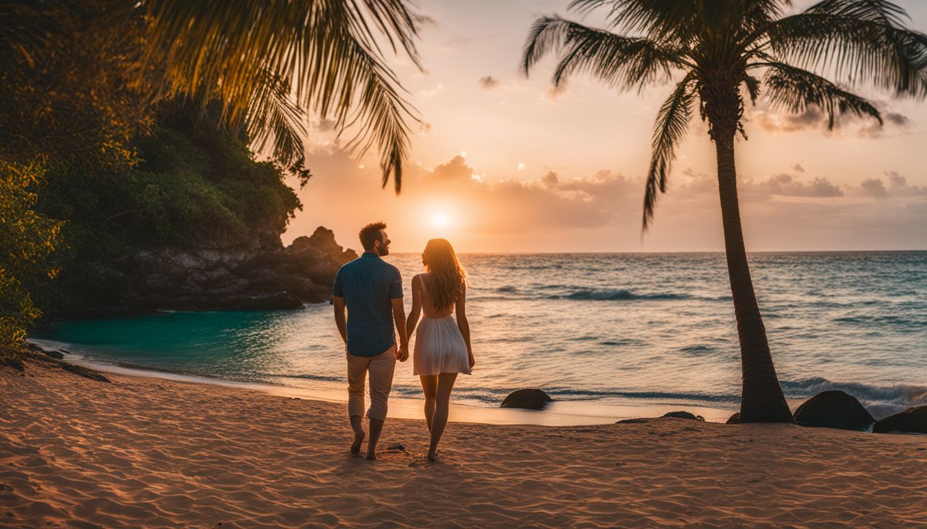A couple enjoys a beautiful tropical sunset on a secluded beach surrounded by palm trees.