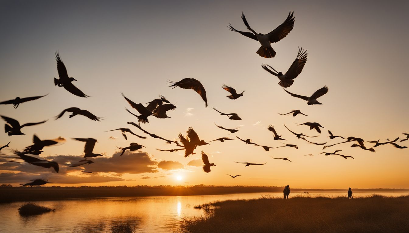 A photographer captures a flock of exotic birds in flight against a golden sunrise backdrop.