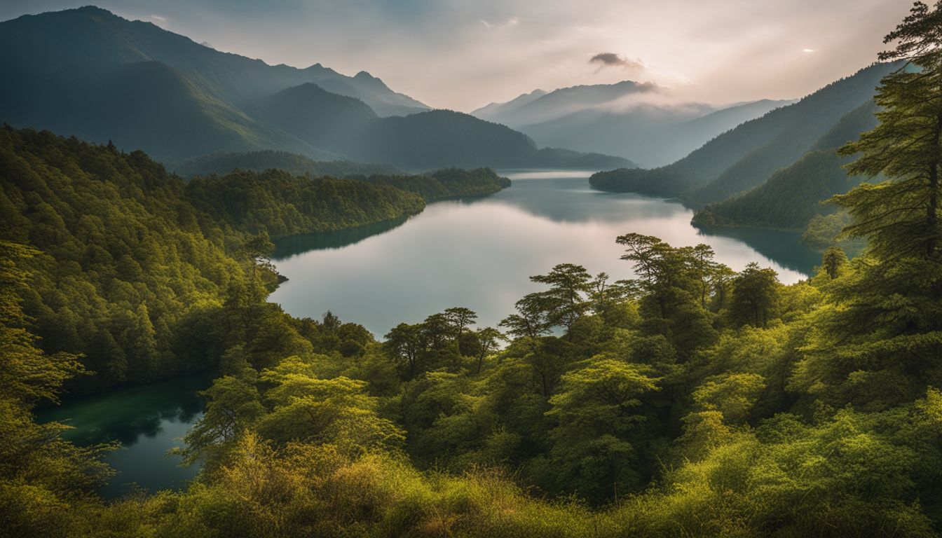 The photo captures the stunning beauty of Boga Lake surrounded by lush forests and mountains.