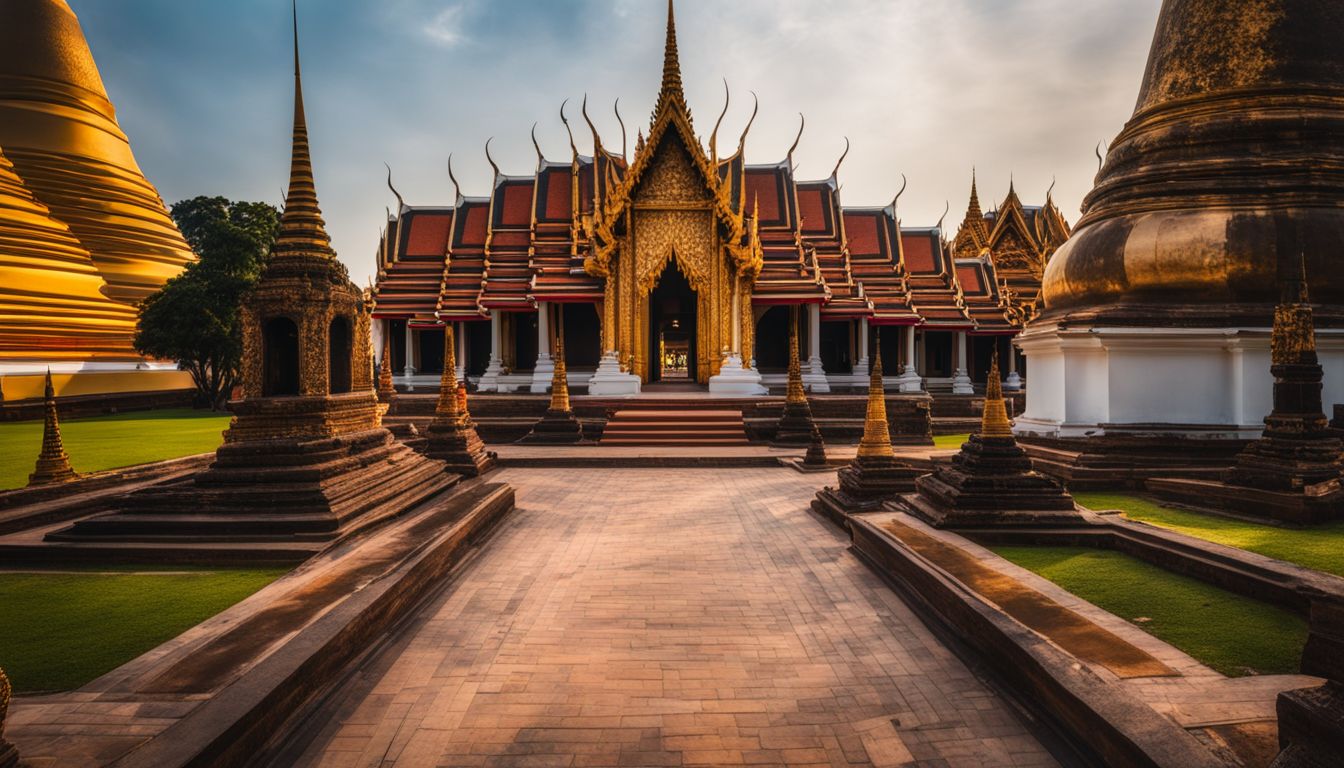 A panoramic view of Wat Phra Rattana Mahathat in Phitsanulok, showcasing its grand architecture and serene surroundings.