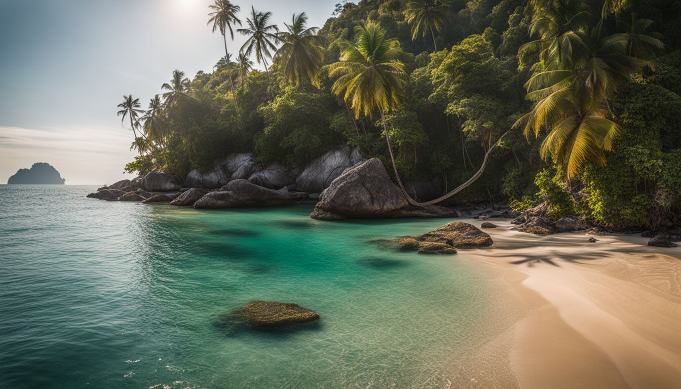 A stunning coastal landscape at Bottle Beach in Surat Thani, featuring clear water, palm trees, and a bustling atmosphere.