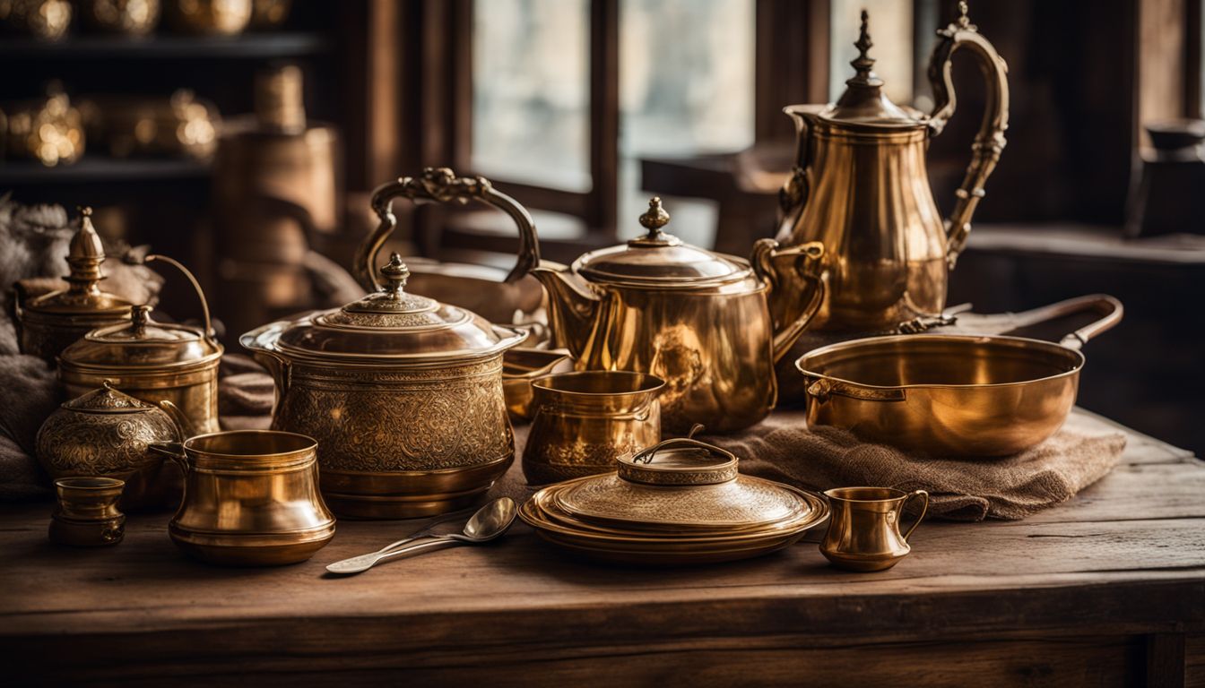 A photo showcasing beautifully crafted brass and copperware displayed on a rustic wooden table.