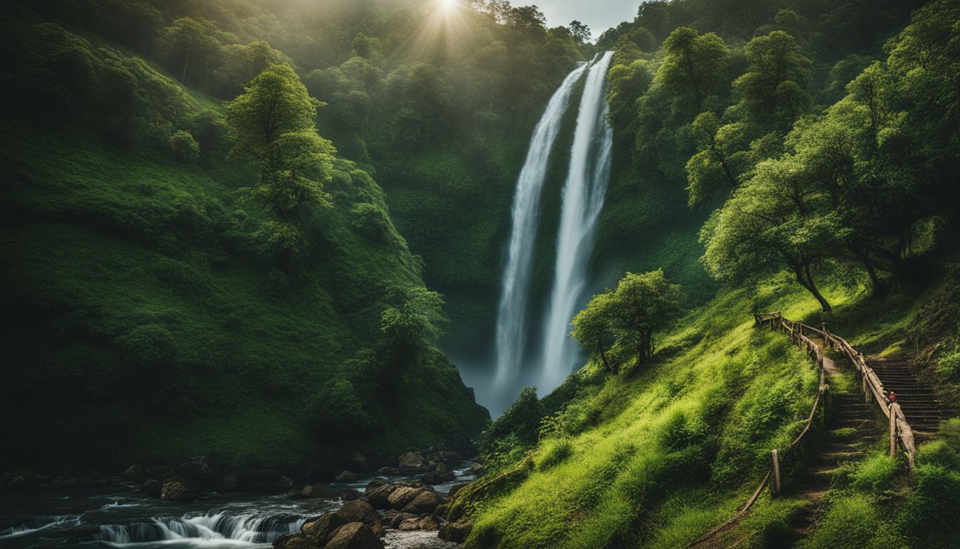 A stunning photograph of a majestic waterfall surrounded by lush green mountains, featuring a diverse group of people with different styles and outfits.