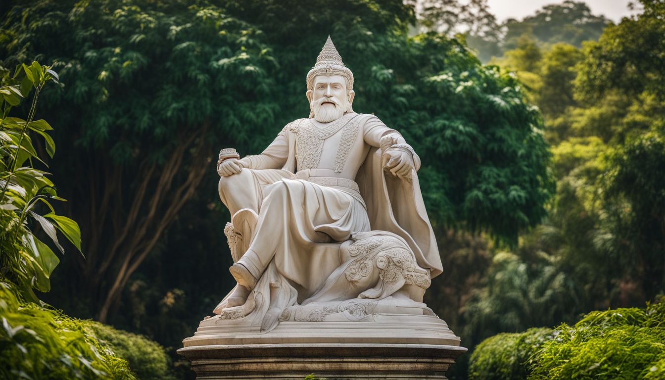 A photo of a majestic statue of King Naresuan surrounded by lush gardens in a bustling atmosphere.