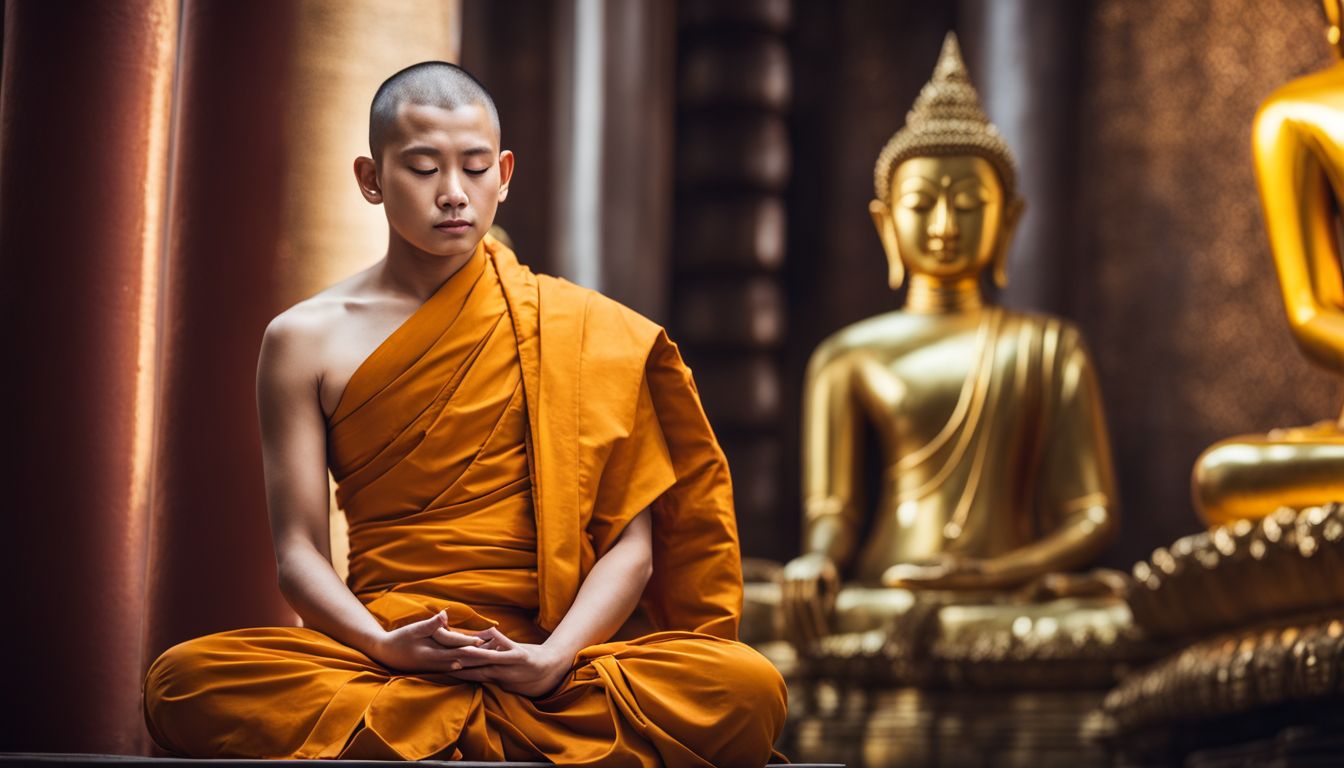 A young Thai monk meditates in front of a golden Buddha statue in a temple, capturing the essence of serenity and spirituality.