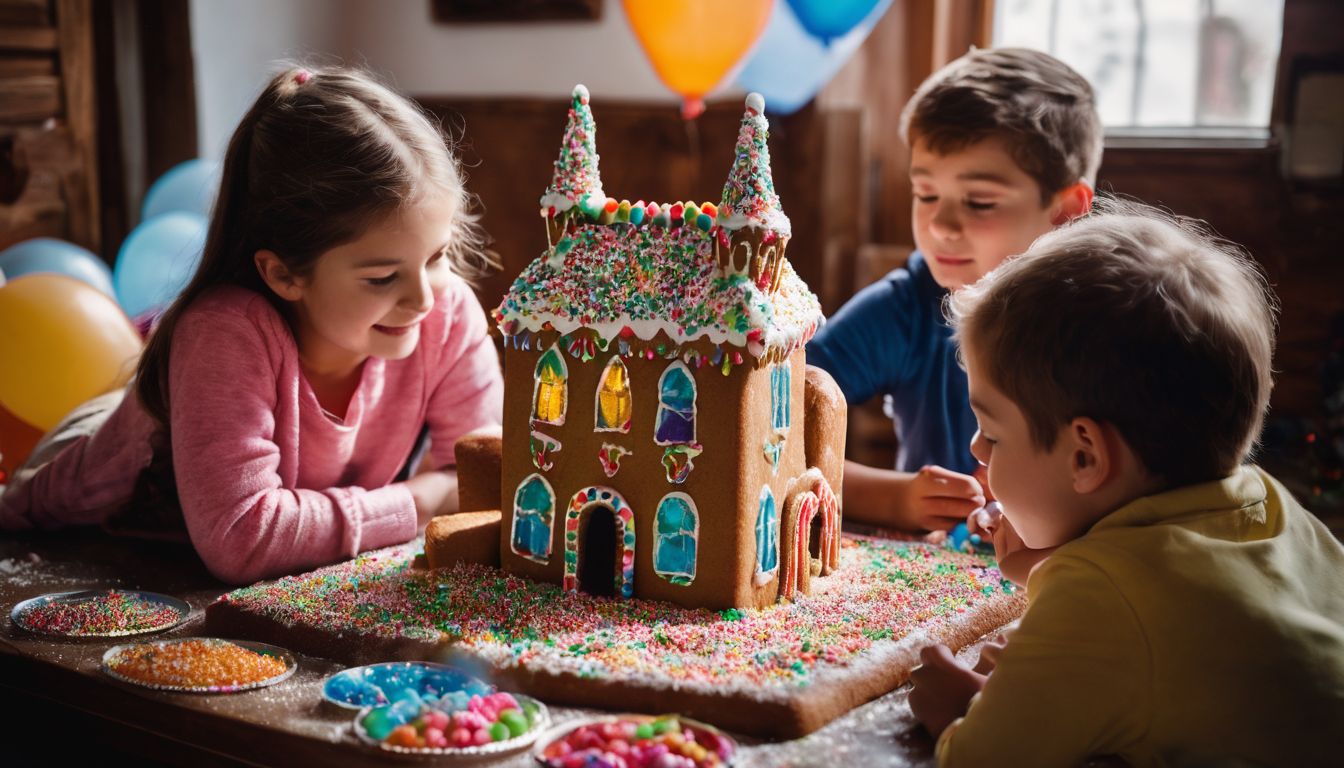 Children decorate a gingerbread masjid with colorful candies and icing in a bustling atmosphere.