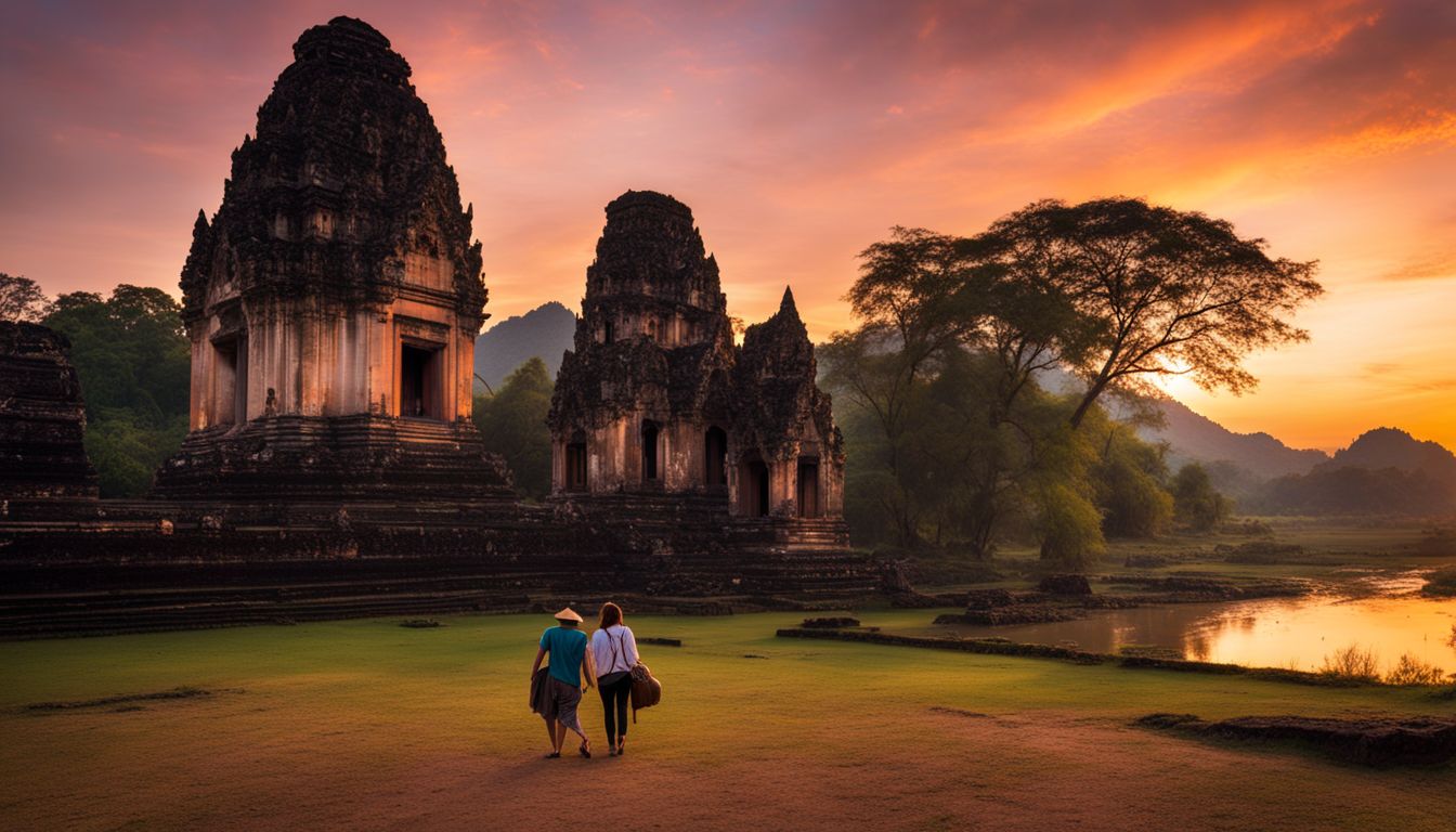 The photo showcases the three prangs of Wat Si Sawai against a vibrant sunset sky.