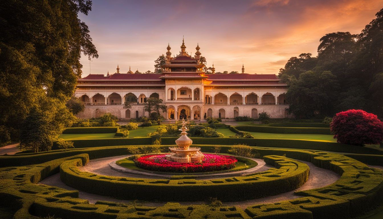 The Tajhat Palace surrounded by vibrant gardens, captured in a stunning photograph with a beautiful sunset backdrop.