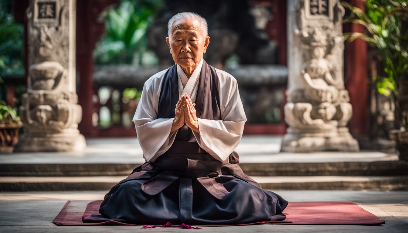 A Hainanese elder is seen praying in the serene courtyard of the Hainan Temple.