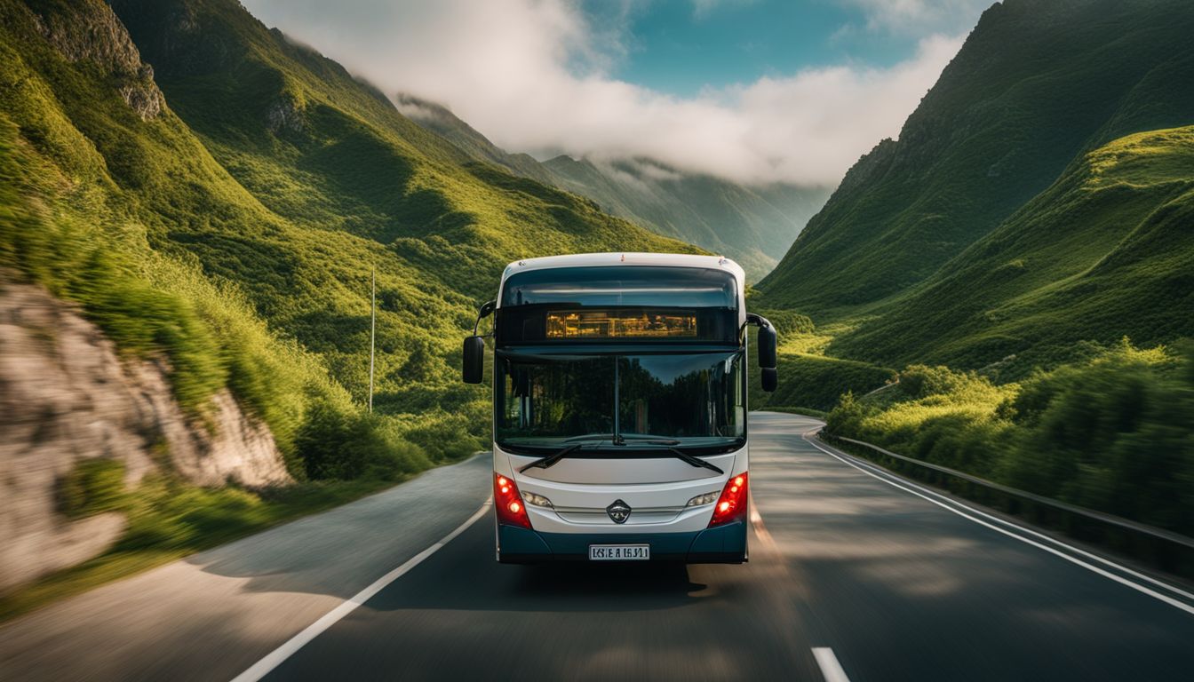 A bus travels along a beautiful coastal road surrounded by lush greenery and mountains.