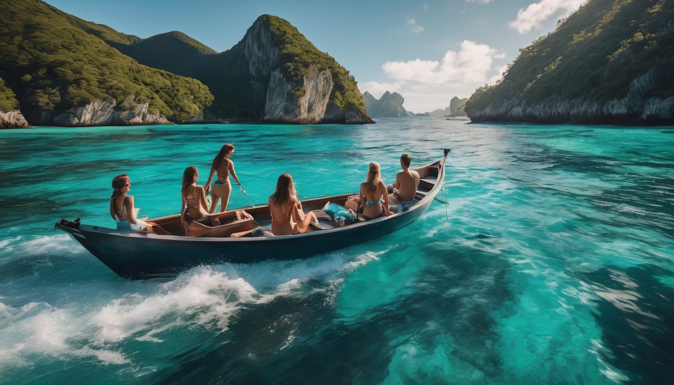 A group of friends enjoying a boat ride amidst stunning turquoise waters and beautiful islands.