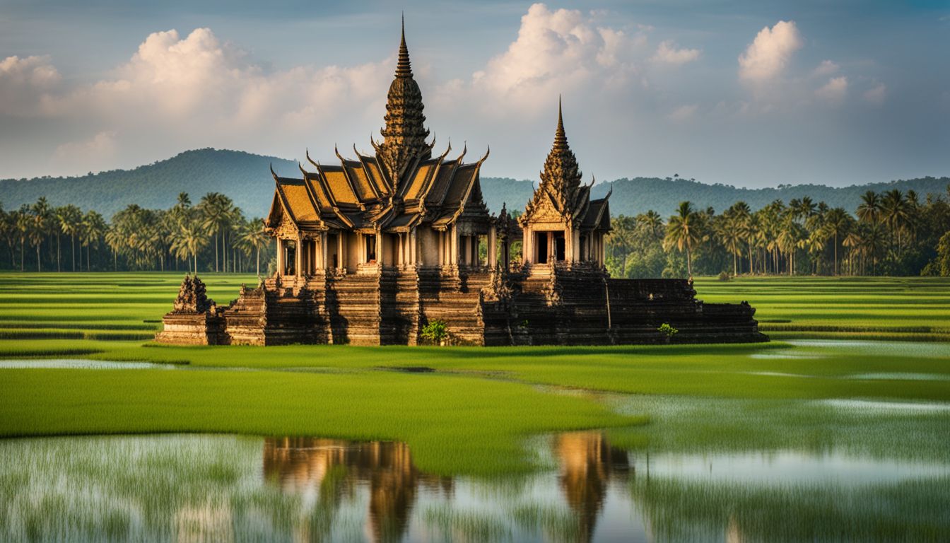 A photo of a traditional Cambodian temple surrounded by lush green rice fields.