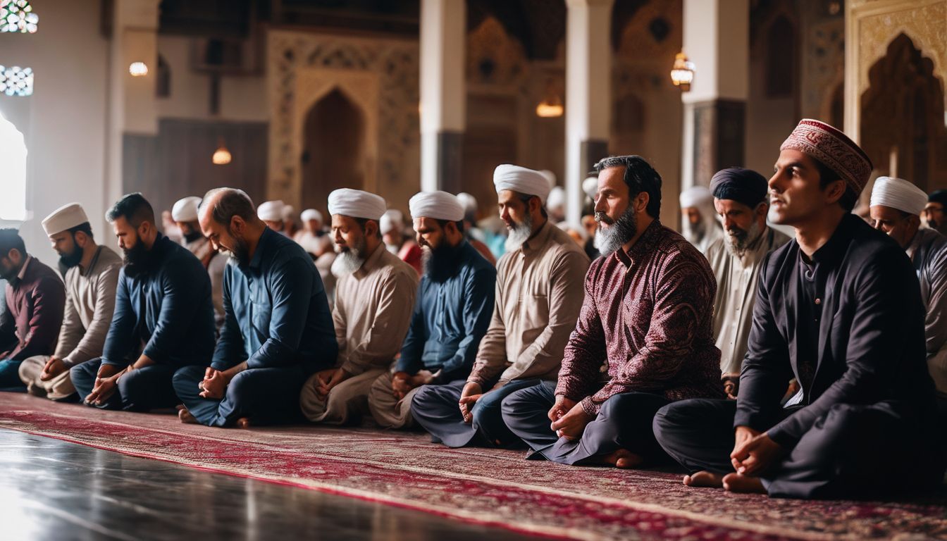 A diverse group of worshippers praying together in a spacious mosque interior.