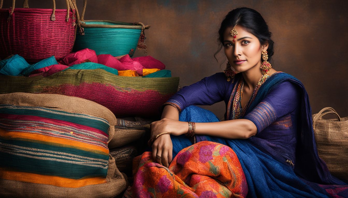 A portrait of a local woman wearing a colorful Nakshi Kantha surrounded by jute bags and accessories.